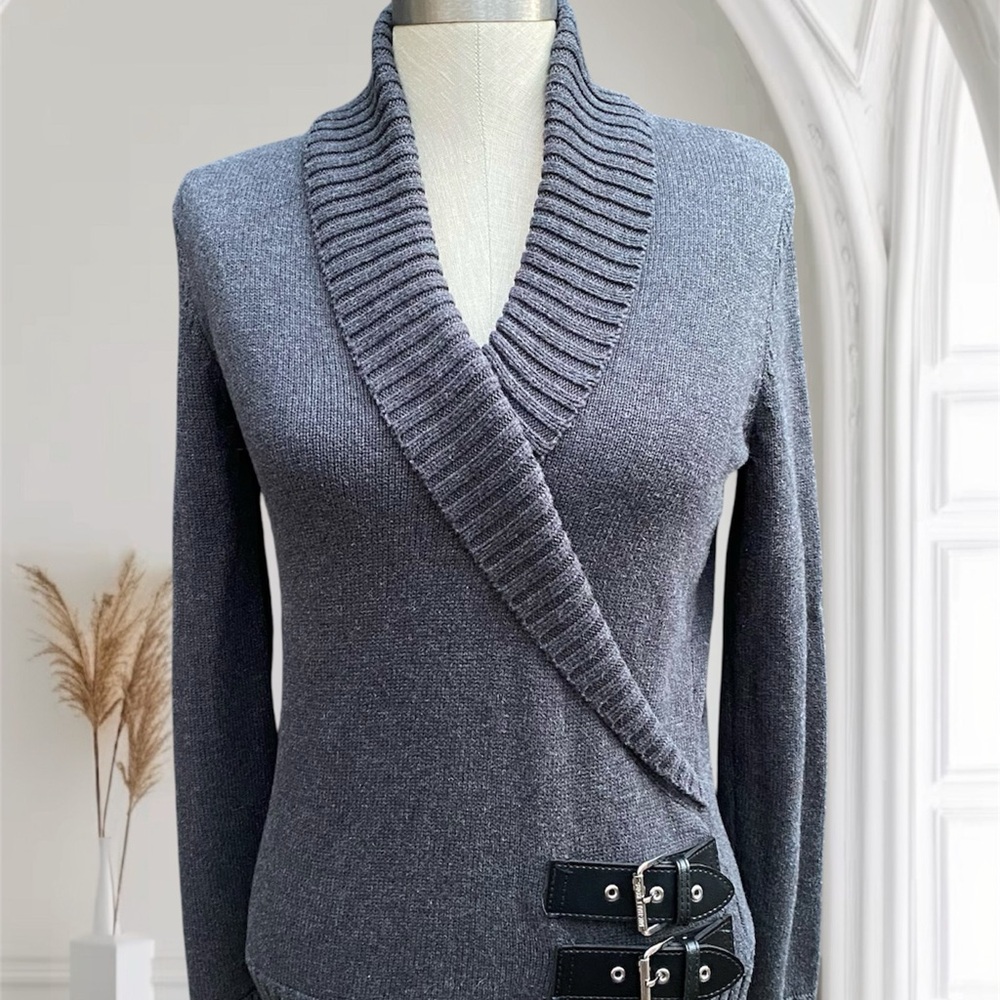 MICHAEL KORS WOMENS SHAWLNECK KNIT SWEATER WITH BUCKLES SIZE M
